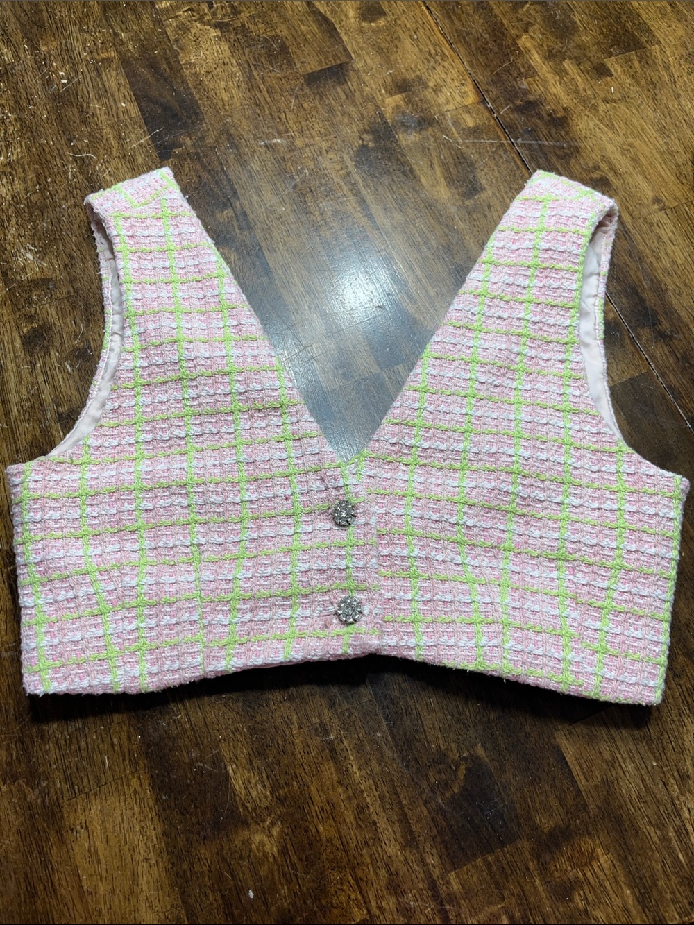 Zara Pink Tweed Crop Vest with Green Windowpane size small